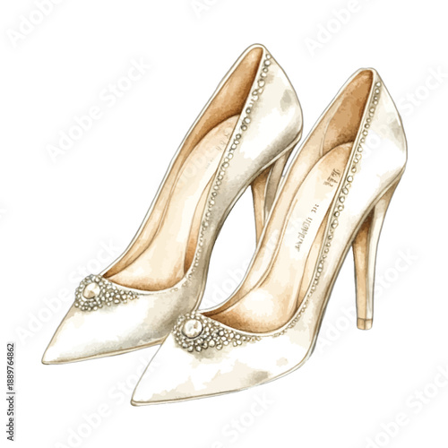 Vintage watercolor bridal high heels with pearl and crystal embellishments
