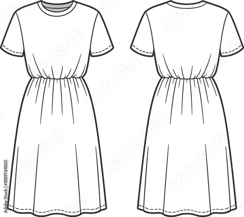 Fashion technical sketch of womens lab coat, turtleneck sweater, traditional dirndl dress, and tiered puff sleeve dresses, vector.