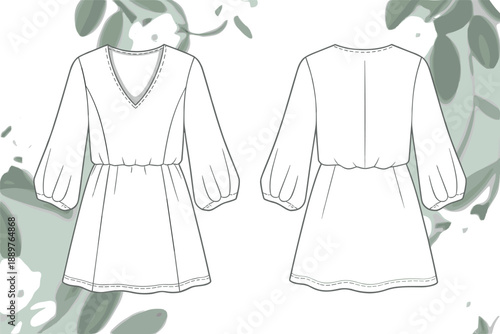 Fashion technical sketch of a V-neck long sleeve mini dress with elastic waist and lantern sleeves fashion template