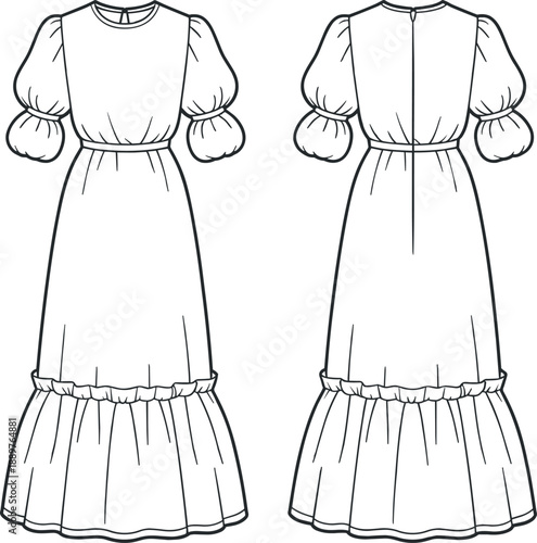 Fashion technical sketch of womens lantern sleeve midi dress, tiered mini dresses, turtleneck sweater and lace slip, vector.