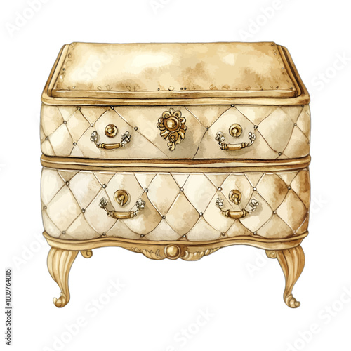 Vintage watercolor tufted cream bombe chest with ornate golden hardware