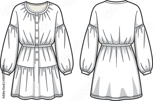 Fashion technical sketch of womens square neck tiered mini dress and button front lantern sleeve dress for design, vector.