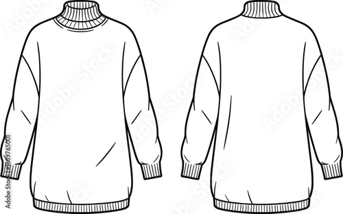 Fashion technical sketch of womens turtleneck sweater, lace trim slip dress, traditional dirndl, and sleeveless skater dress, vector.