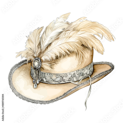 Vintage Victorian cream hat with ostrich feathers and pearl brooch