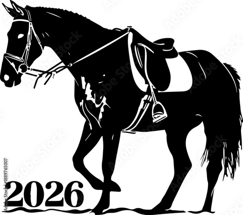 Equestrian Silhouette and Year: A striking silhouette of a horse adorned with riding gear, paired with the prominent year 2026, invites you into a world of equestrian sports and future prospects.