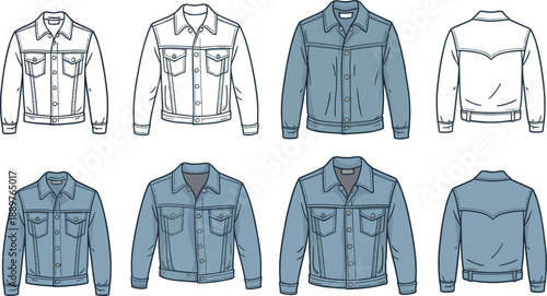 Technical fashion flat sketch of denim trucker jacket vector template set with front and back views in blue