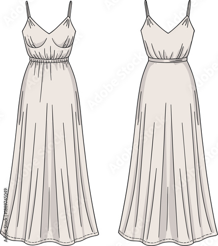 Technical fashion sketch of a sleeveless long maxi dress with spaghetti straps, V-neckline, belted waist, and flared skirt.