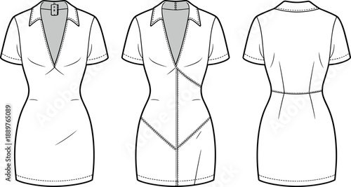 Women dress technical fashion illustration, front and back views, tailoring seams, garment flat design, vector outline sketch