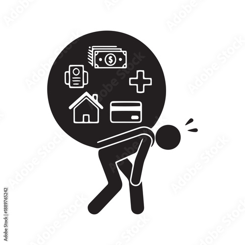 Financial Burden and Debt Concept Man Carrying Heavy Sack of Bills Taxes and Life Expenses Icon
