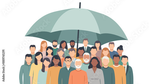Diverse group of people standing under a green umbrella, promoting unity and anti-racism awareness on International Elimination of Racial Discrimination Day.