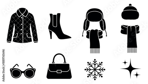 Simple silhouette winter fashion accessories set featuring a quilted jacket, high heel boots, winter hats, scarves, sunglasses, a handbag, and a snowflake for seasonal designs