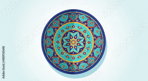 Colorful Mandala Pattern on Ceramic Plate Isolated on White Background