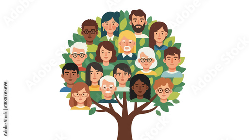 Illustration of diverse people gathered around a tree symbolizing unity and awareness against a clean white background with a flat lay composition.