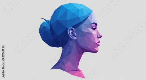 Low Poly Woman Profile Portrait with Blue Hair, Isolated on White Background