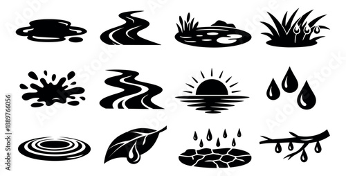 Simple silhouette water icon set featuring puddles, rivers, splashes, and raindrops for environmental themes
