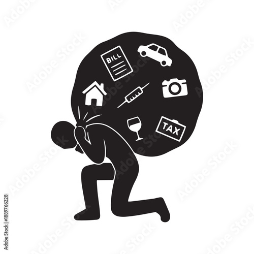 Financial Burden and Debt Concept Man Carrying Heavy Sack of Bills Taxes and Life Expenses Icon
