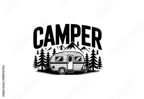 Trailer or Van Park Vector Logo Template. Silhouette Tourism Icon. Label with Retro Typography.
