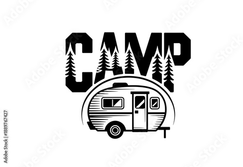 Trailer or Van Park Vector Logo Template. Silhouette Tourism Icon. Label with Retro Typography.
