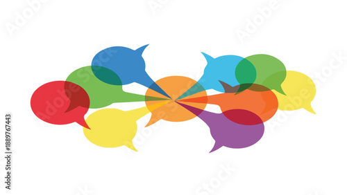 Colorful illustration of multicolored speech bubbles arranged in a circle on a white background, symbolizing international communication and awareness about racial discrimination and elimination on