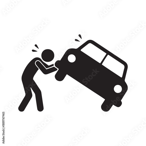 Man Lifting Heavy Car Stick Figure Icon Struggle Strength Concept Illustration
