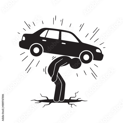 Man Lifting Heavy Car Stick Figure Icon Struggle Strength Concept Illustration
