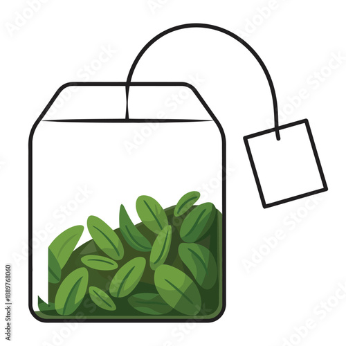 An illustration of a tea bag filled with green leaves on a white background