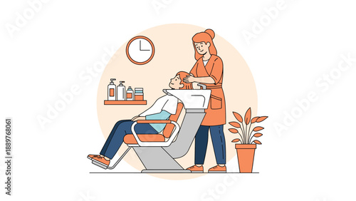 A female hairstylist washing a client's hair at a shampoo basin in a modern and clean beauty salon, with hair products on a shelf.
