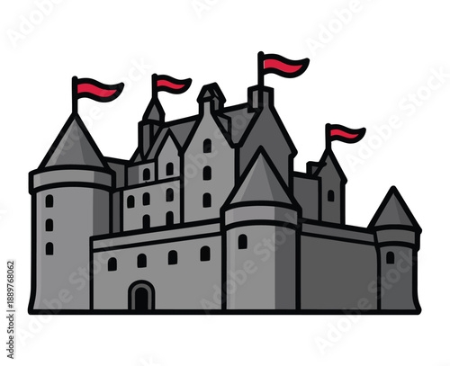 A cartoon illustration of a medieval castle with towers and flags