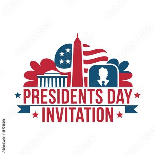 A Presidents Day invitation graphic with patriotic symbols and text