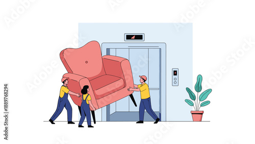 A team of professional movers carefully carrying a large armchair into an elevator, illustrating a moving or delivery service.