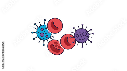 A medical illustration of virus cells attacking red blood cells, representing infection, disease, or a compromised immune system.