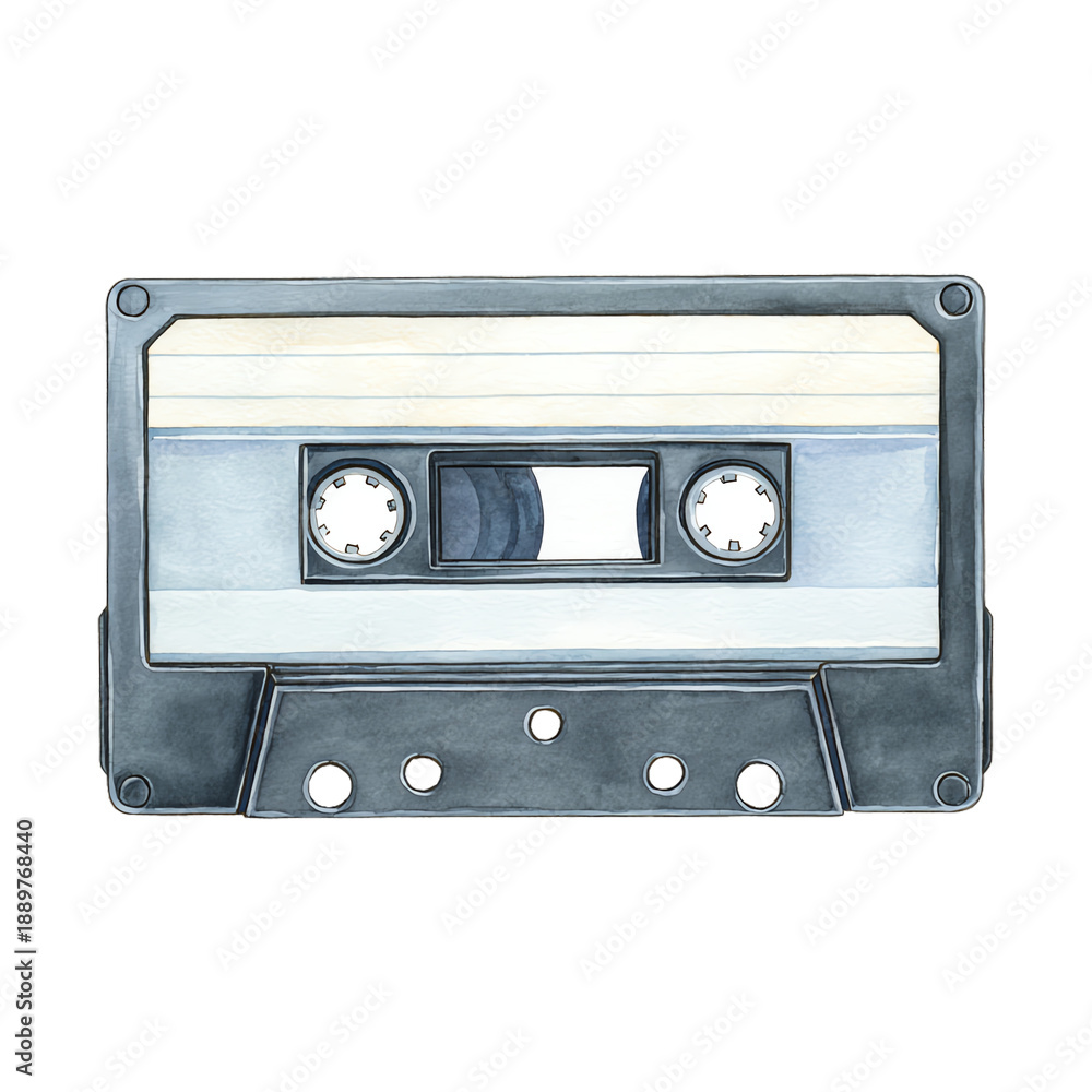 Obraz premium A vintage cassette tape featuring a label, two circular reels, and multiple holes for playback.