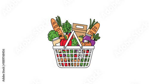 A colorful illustration of a shopping basket filled to the brim with a variety of fresh groceries, including bread, fruits, and vegetables.