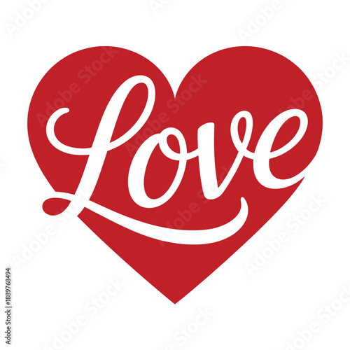 A red heart with the word Love written in white cursive font on a white background.
