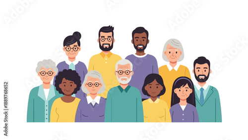 Diverse group of people of different ages and ethnicities standing together in a flat, colorful illustration against a white background, promoting unity and awareness on March 21 for International
