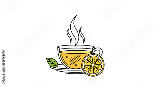 Hot cup of herbal tea with steam, a fresh lemon slice, and a green mint leaf on a saucer, illustrated in a clean line art style.