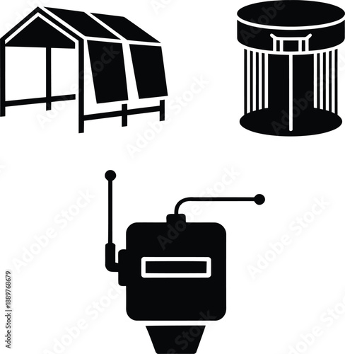 Black and white of bus shelter parking meter and trash can