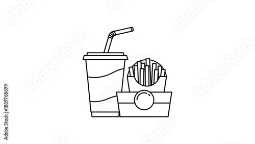 Black and white line art illustration of a classic fast food combo with crispy french fries in a carton and a soda in a paper cup with a straw.