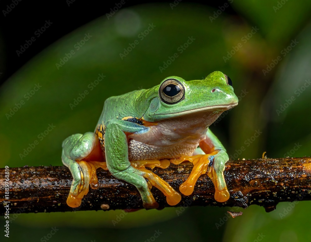 Obraz premium A small green frog perched on a wet brown branch