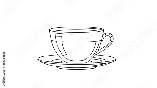 Minimalist black and white line drawing of a classic teacup filled with a hot beverage, resting on a saucer, viewed from the side.