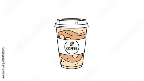Doodle-style illustration of a plastic takeaway cup of iced coffee with a lid and a sleeve label featuring a coffee bean symbol.