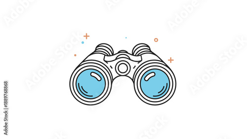 Minimalist line art icon of a pair of binoculars with blue lenses and decorative elements, symbolizing vision, search, and exploration.