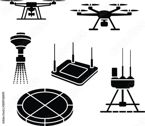 Black and white of drones and drone accessories unmanned aerial vehicle
