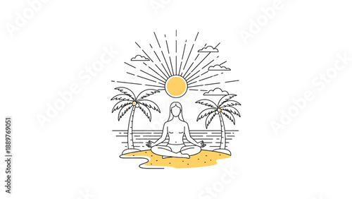 Line art scene of a person meditating in a lotus pose on a tropical beach with palm trees, the ocean, and a shining sun in the sky.