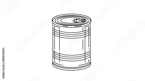 Simple black and white line art illustration of a cylindrical tin can with a pull tab lid, used for preserving and storing food products.