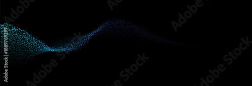 Flowing dots particles wave pattern 3D curve halftone blue green gradient curve shape isolated on black background. Vector in concept of technology, science, music, modern.