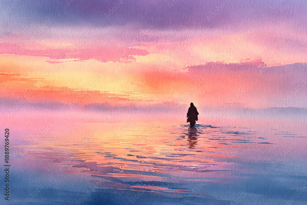 Fototapeta premium Serene Sunset Over Water with Silhouette