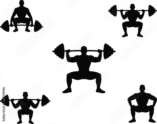 Black silhouette of man doing squats with barbells