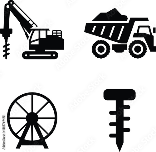 Black silhouettes of construction vehicles and tools on white background