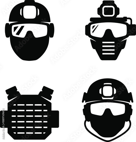 Black silhouettes of four different military or tactical helmets with goggles and masks